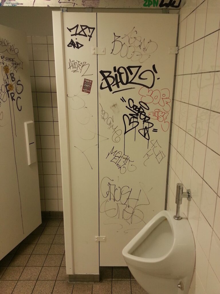 School toilet. Showing toilet cubicle door has grafitti covering it and urinal.