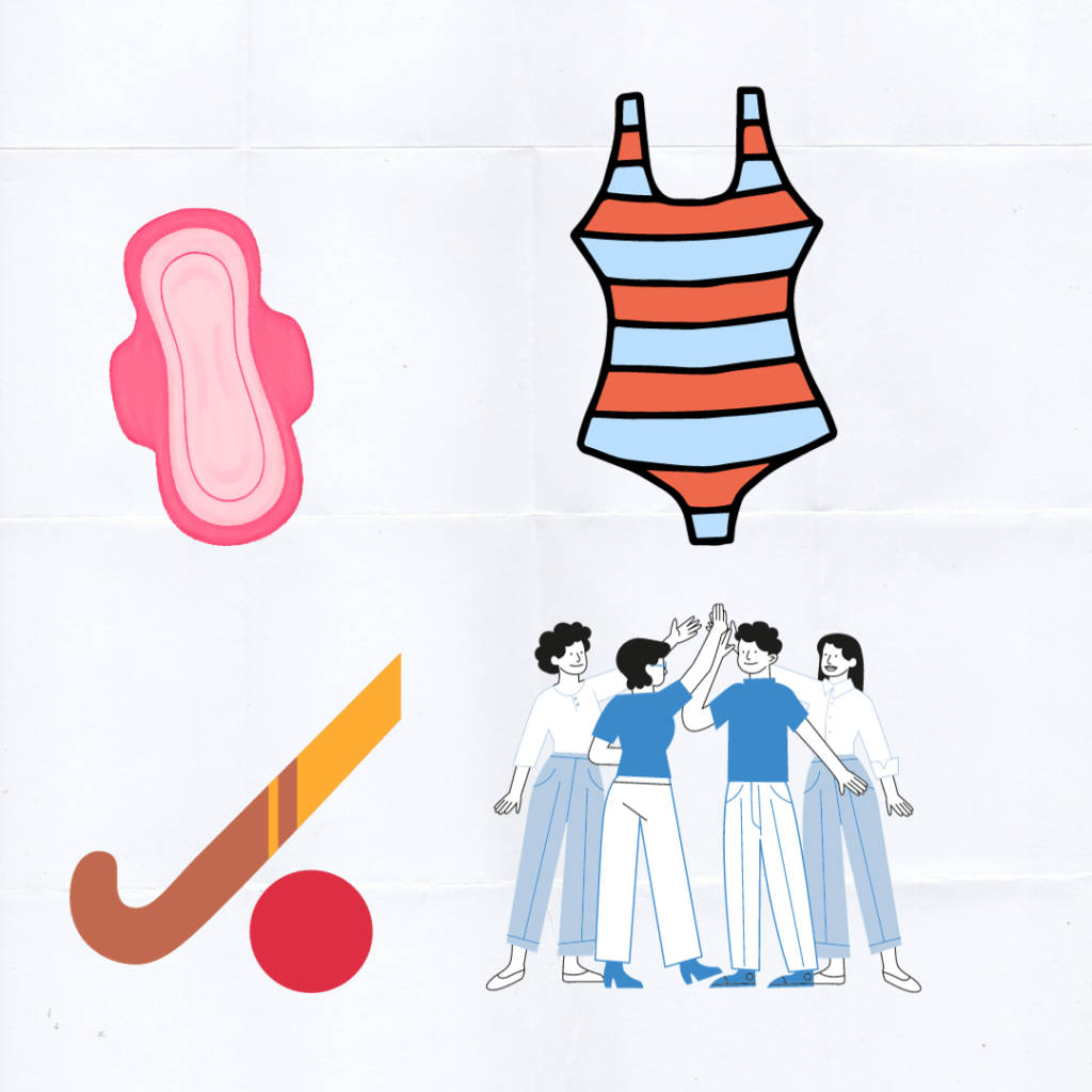 Images of period pad, swimsuit, hockey stick and a team - barriers to girls enjoying PE.